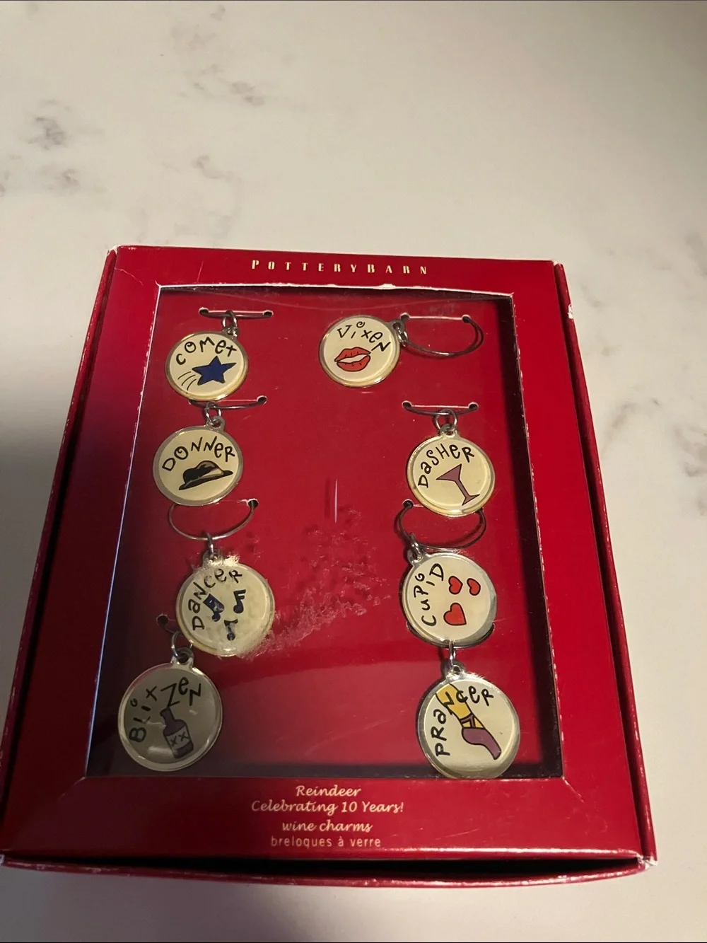 Vintage circa 2000s Pottery Barn Reindeer Wine Charms, original boxed set